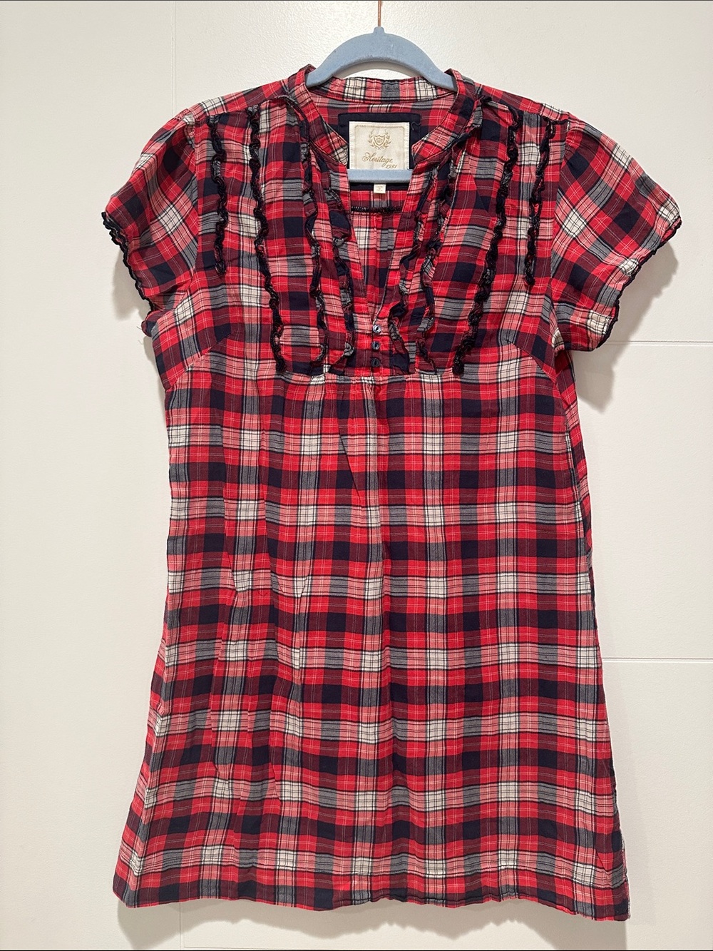 Plaid Ruffle-Trim Short Sleeve mini dress - Red Plaid